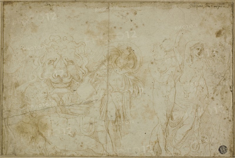 Blenheim Palace Sarcophagus: Bacchanale with Lion’s Head, 1549/53, Girolamo Sellari, called Girolamo da Carpi, Italian, 1501-1556, Italy, Pen and brown ink on ivory laid paper, 194 x 285 mm (max.)
