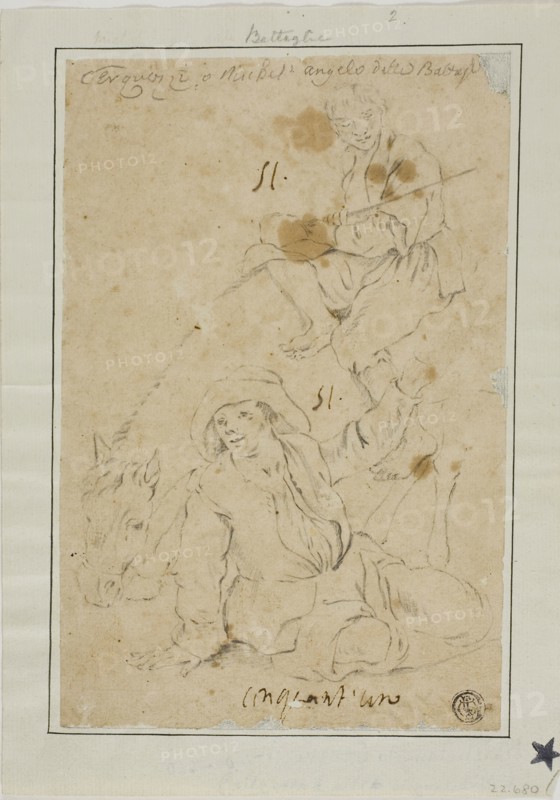 Two Peasants with Donkey, n.d., Attributed to or possibly after Michelangelo Cerquozzi, Italian, 1602-1660, Italy, Graphite on tan laid paper, laid down on ivory laid paper, 196 x 129 mm