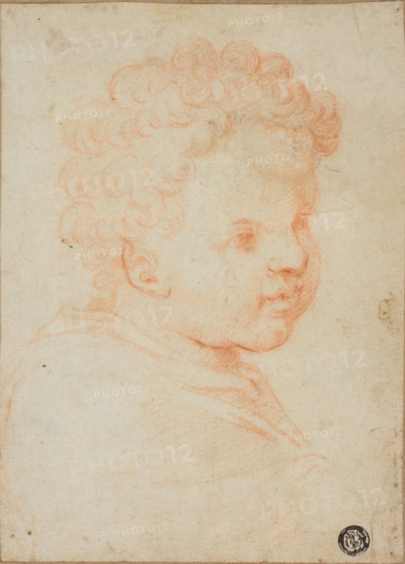Head of a Child, 1550/59, Unknown Artist, Italian. mid-16th centlury, Italy, Red chalk on ivory laid paper, laid down on brown laid paper, 190 x 137 mm