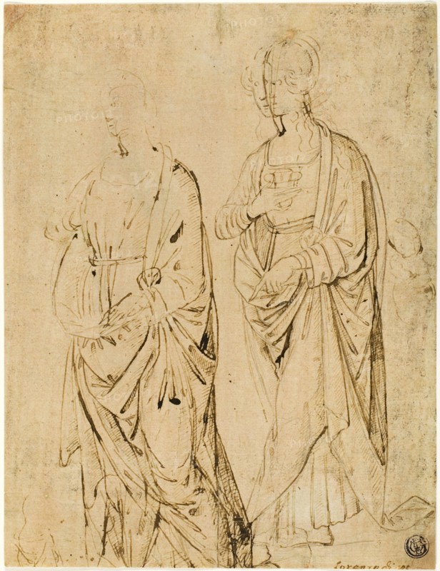 Saint Lucy and a Saint (recto), Alexander the Great in Profile (verso), 1500/12, Attributed to Agnolo and/or Donnino di Domenico, called del Mazziere, Italian, 1466-1513, Italy, Pen and brown ink over graphite (recto) and brush and brown ink and wash over graphite (verso) on cream laid paper prepared with salmon wash, 234 x 279 mm