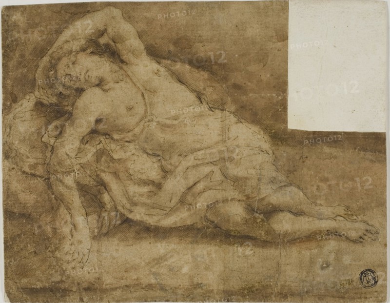 Sleeping Figure, n.d., Unknown Artist, Italian, Bologna, 17th century, Italy, Pen and brown ink, with brush and brown wash, over traces of black chalk, on tan laid paper, laid down on ivory laid paper, 163 x 207 mm