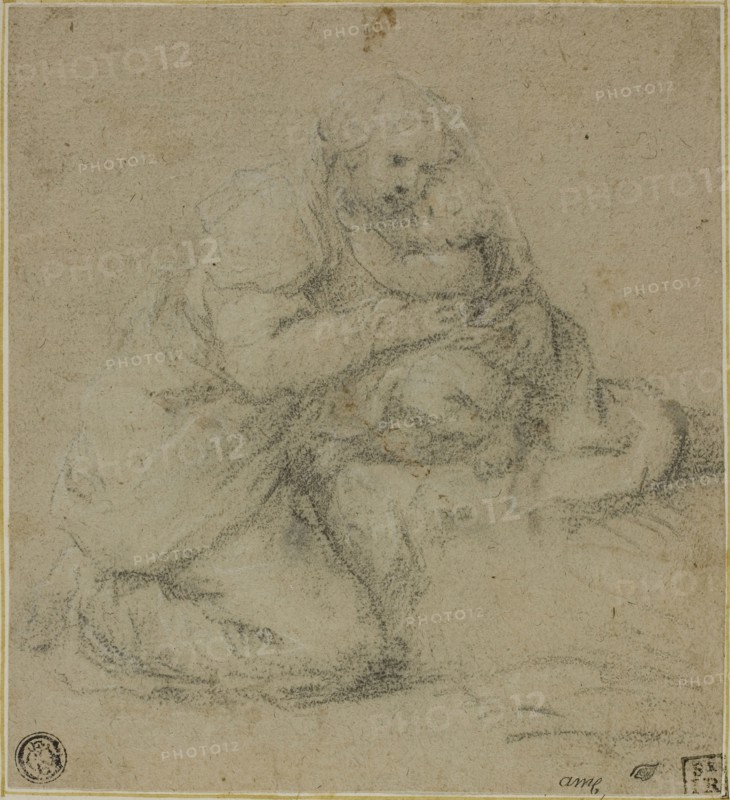 Kneeling Mother Embracing Child, c. 1550, Attributed to Michelangelo Anselmi, Italian, c. 1492-1556, Italy, Black chalk heightened with white chalk, on brown laid paper, laid down on ivory laid paper, 156 x 143 mm (max.)