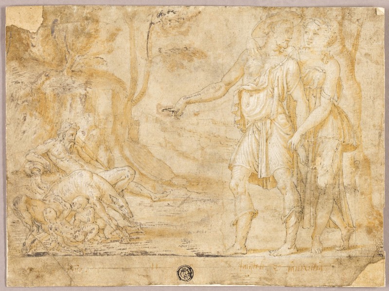 Faustulus and Merentia Discover Romulus and Remus, n.d., Possibly school of Fontainebleau (French, 16th century), or an unknown Netherlandish artist (16th century), France, Pen and black ink and brush and pale orange wash, heightened with lead white (discolored), on tan laid paper, laid down on cream laid paper, 170 × 229 mm