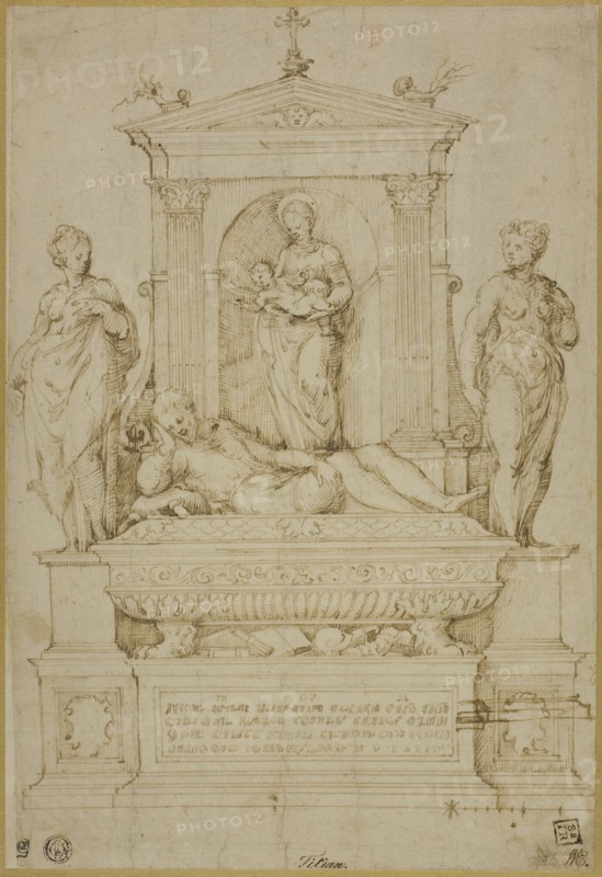 Project for a Tomb, 1537/43, Giulio Campi, Italian, c. 1508-1573, Italy, Pen and brown ink, over traces of black chalk, on ivory laid paper, laid down on cream wove paper, 307 x 210 mm