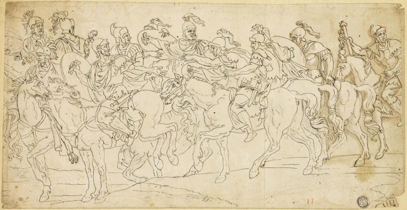 Roman Cavalry on the March, after 1675, After Giulio Pippi, called Giulio Romano, Italian, c. 1499-1546, Italy, Pen and brown ink with touches of brush and brown wash and traces of black chalk, on cream laid paper, laid down on cream wove paper, 170 x 332 mm