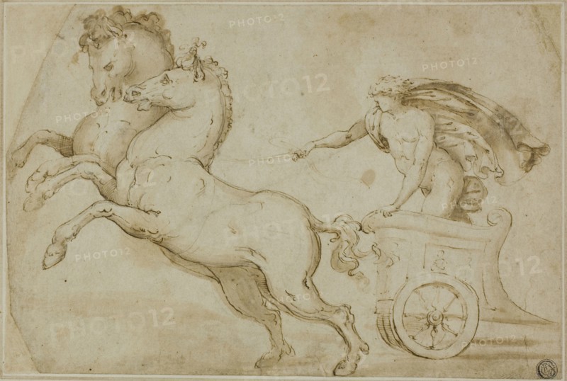Apollo Driving the Chariot of the Sun, 1519/21, Workshop of Pietro Buonaccorsi, called Perino del Vaga, Italian, 1501-1547, Italy, Pen and brown ink with brush and brown wash, and graphite, on ivory laid paper, laid down on ivory laid card, 184 x 274 mm (max.)