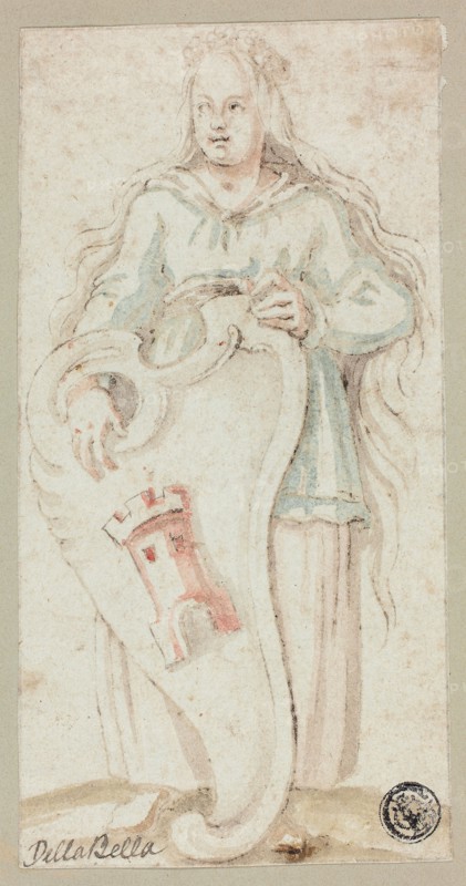 Saint Barbara, n.d., Stefano della Bella, Italian, 1610-1664, Italy, Pen and brown ink, with brush and green, red, brown, and pink washes, on ivory laid paper, tipped onto gray card, 144 x 74 mm
