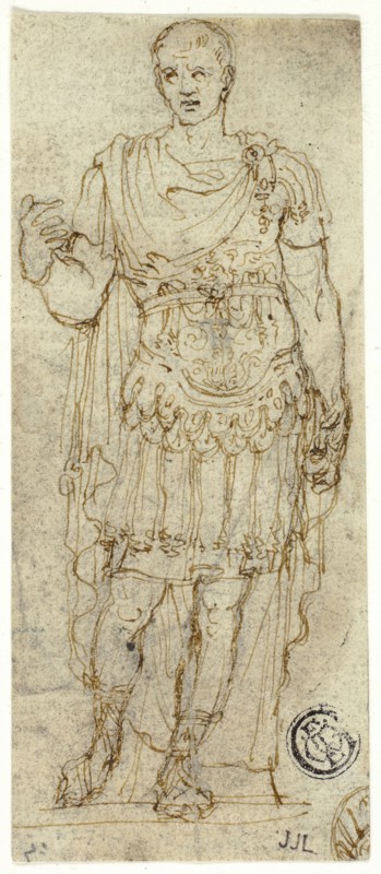 Statue of Augustus Caesar (recto and verso), n.d. (recto), Late 16th c. (verso), Italian, Roman, Late 16th century, Italy, Pen and brown ink over traces of black chalk (recto) and pen and blue ink (verso), on ivory laid paper, with incising, 117 x 49 mm