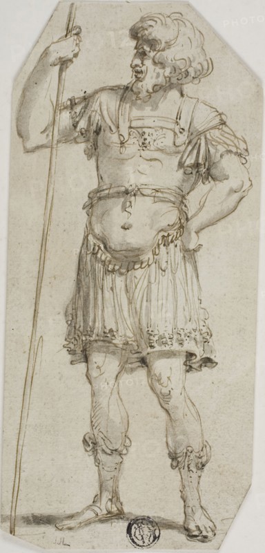 Standing Roman Warrior Holding Staff, n.d., Possibly style of Raymond de Lafage (French, 1656-1690), or possibly Stefano della Bella (Italian, 1610-1664), Italy, Pen and brown ink with brush and gray wash on  ivory laid paper, laid down on ivory laid paper, 169 x 77 mm
