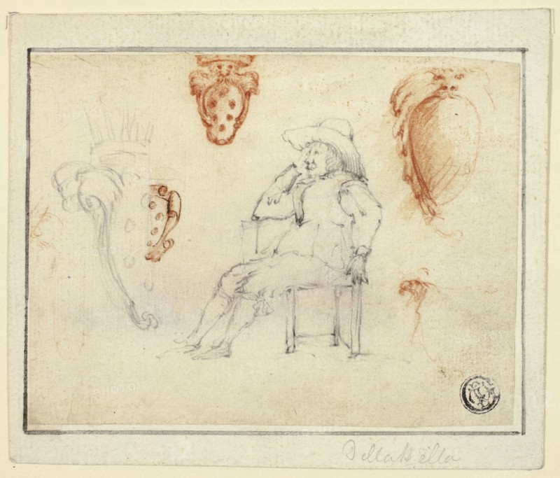 Sketches of Seated Man, Medici Coats of Arms, n.d., Attributed to Stefano della Bella, Italian, 1610-1664, Italy, Black and red chalk, with traces of pen and brown ink, on ivory laid paper, laid down on ivory laid paper, 95 x 123 mm