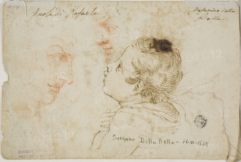 Sketches of Child Praying, Two Male Profiles (recto), Sketches of Male Heads (verso), n.d., Attributed to Stefano della Bella, Italian, 1610-1664, Italy, Pen and brown ink and red chalk, on ivory laid paper, 124 x 186 mm