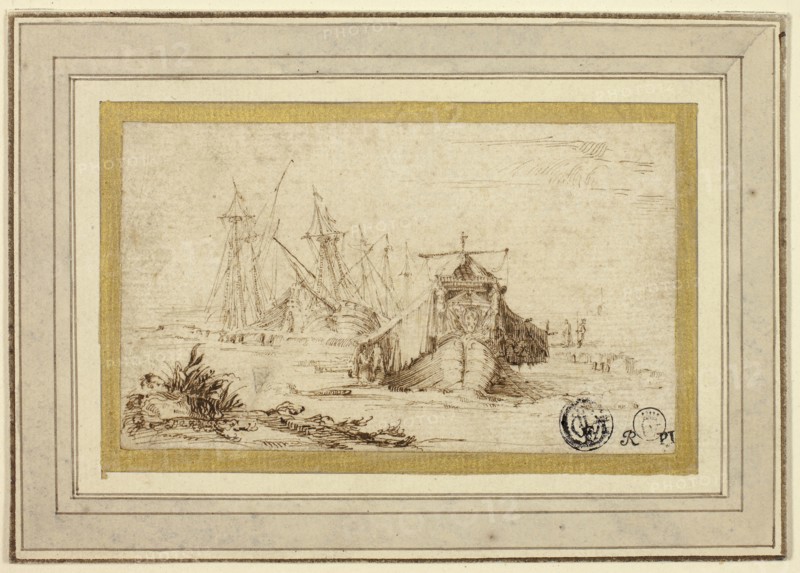 A Tuscan Galley and Other Vessels Near the Shore, 1634/37, Stefano della Bella, Italian, 1610-1664, Italy, Pen and brown ink on ivory laid paper, laid down on ivory laid card, 62 x 106 mm