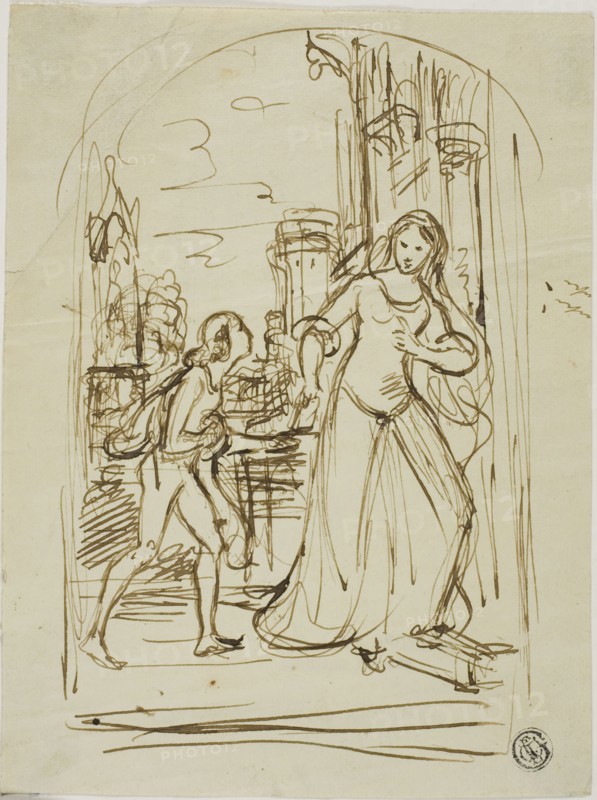 Literary Illustration: Medieval Lady with Page (recto), Sketches of Figures (verso), n.d., Stefano della Bella, Italian, 1610-1664, Italy, Pen and brown ink (recto) and graphite (verso) on cream wove paper, 184 x 138 mm
