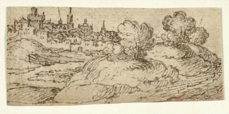 Hill Town with Trees in Foreground, n.d., Unknown Artist, Flemish, 17th century, Flanders, Pen and brown ink with brush and brown wash on cream laid paper, 44 × 95 mm