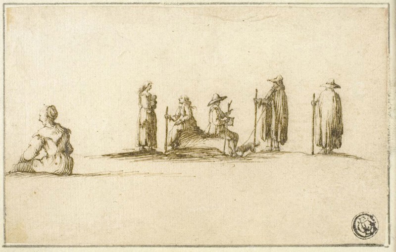 Group of Seated and Standing Men and Women, n.d., After Stefano della Bella, Italian, 1610-1664, Italy, Pen and brown ink, over traces of graphite, on buff laid paper, laid down on cream laid paper, 90 x 144 mm