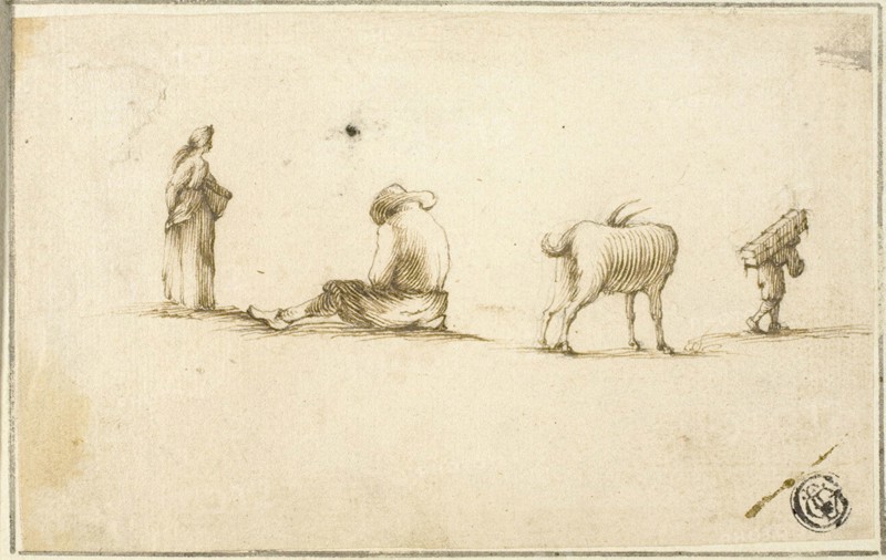 Sketches of Standing Woman, Seated Man, Goat, and Man Carrying Box on Back, n.d., After Stefano della Bella, Italian, 1610-1664, Italy, Pen and brown ink, over touches of graphite, on buff laid paper, laid down on cream laid paper, 90 x 143 mm