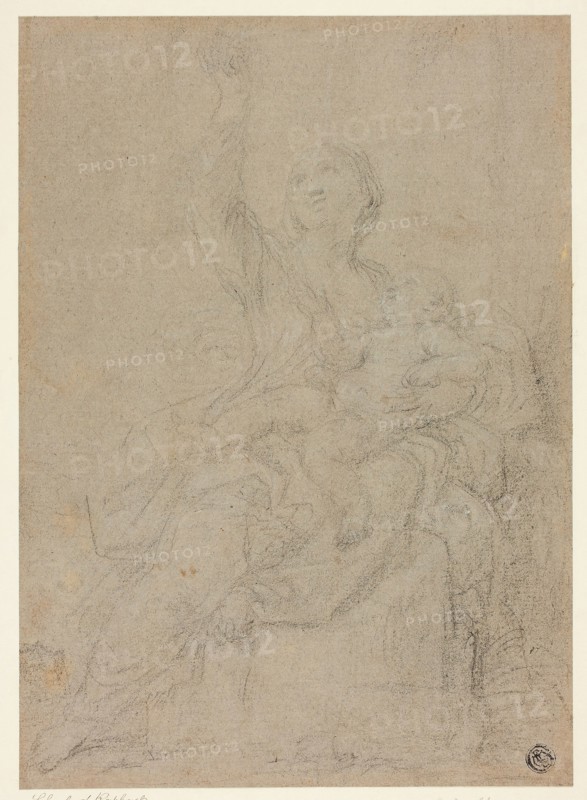 Seated Madonna and Child, n.d., Possibly Ciro Ferri (Italian, 1634-1689), or a follower of Carlo Maratti (Italian, 1625-1713), Italy, Black chalk, heightened with touches of white chalk, on gray-brown laid paper, laid down on cream wove paper, 270 x 194 mm