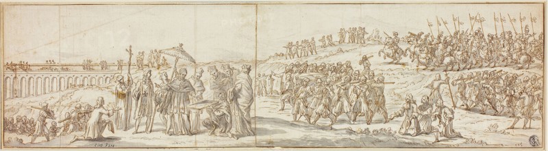 Pope Visiting Construction Site of a Bridge, n.d., Possibly attributed to Ciro Ferri (Italian, 1634-1689), or an Unknown Italian Artist, Italy, Pen and brown ink, with brush and gray wash, over traces of black chalk, on ivory laid paper, pieced and laid down on cream laid paper, 127 x 469 mm
