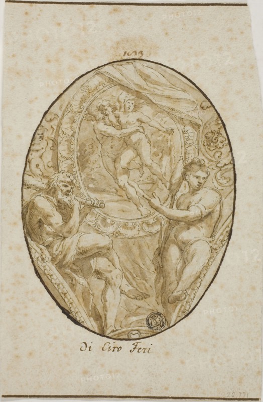 Spandrel with Rape of Orytheia Flanked by Hercules and Omphale, n.d., Possibly after Ciro Ferri, Italian, 1634-1689, Italy, Pen and brown ink, with brush and brown wash, over traces of black chalk, on ivory laid paper, laid down on ivory laid paper, 145 x 110 mm