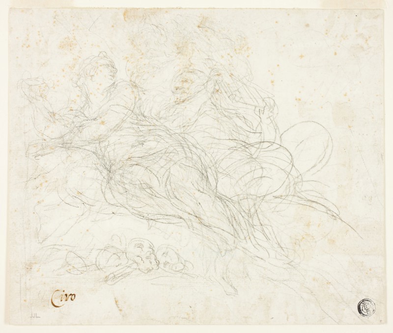 Nymph and Satyr, n.d., Ciro Ferri, Italian, 1634-1689, Italy, Black chalk on ivory laid paper, 181 x 213 mm
