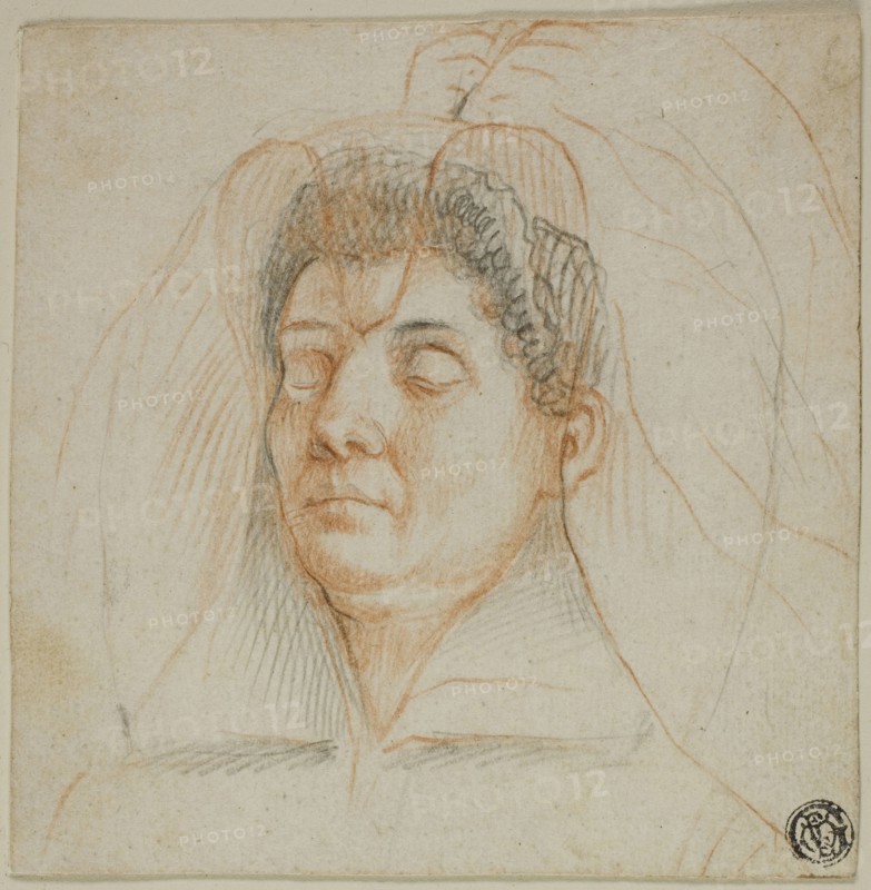 Death Mask of a Woman, c. 1605, Circle of Lavinia Fontana, Italian, 1552-1614, Italy, Black and red chalk, on ivory laid paper, laid down on ivory wove paper, 129 x 127 mm (max.)