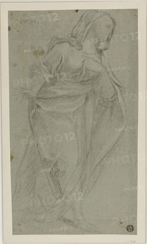 Standing Draped Female Figure, n.d., Baldassare Franceschini, called Il Volterrano, Italian, 1611-1689, Italy, Black chalk, heightened with touches of white chalk, on blue-gray laid paper, laid down on cream wove card, 315 x 181 mm