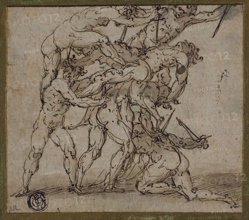 Male Nudes Locked in Combat with Daggers, n.d., Unknown Artist, Italian, late 16th century, Italy, Pen and brown ink, with brush and brown wash, on buff laid paper, laid down on cream laid card, 101 x 115 mm