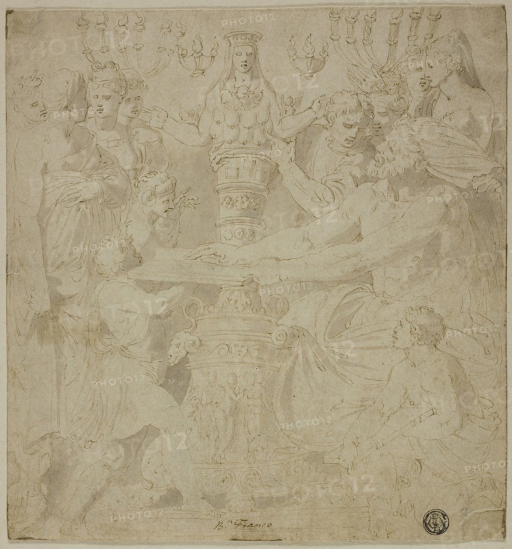 Oracle and Worshippers before the Statue of Artemis of Ephesus, n.d., Follower of Battista Franco, called Il Semolei, Italian, c. 1510-1561, Italy, Pen and brown ink with brush and gray wash, on buff laid paper, tipped onto buff wove paper, 212 x 198 mm