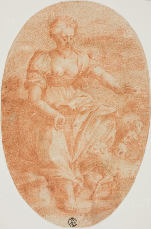 Allegorical Figure of Meekness or Saint Agnes, 1545/50, Follower of Rosso Fiorentino, Italian, 1494-1540, Italy, Red chalk on oval-shaped ivory laid paper, 240 x 158 mm (max.)