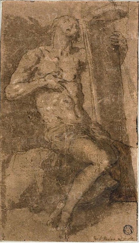 Saint Lawrence, c. 1611, Jacopo Negretti, called Palma il Giovane, Italian, c. 1548-1628, Italy, Pen and brown ink with brush and brown wash, heightened with lead white, on brown laid paper, laid down on ivory wove paper, 234 x 135 mm