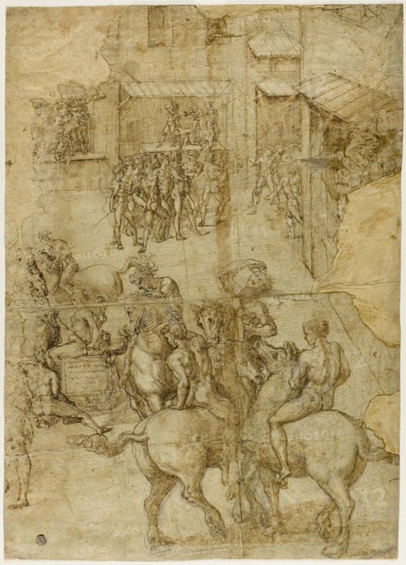 Mythological Pageant (recto), Illegible Inscriptions and Anatomical Studies of Head (verso), 1528/29, Girolamo Genga, Italian, c. 1476-1551, Italy, Pen and brown ink over charcoal, on ivory laid paper (recto), and pen and black ink and graphite (verso) laid down on cream laid paper, 508 x 360 mm