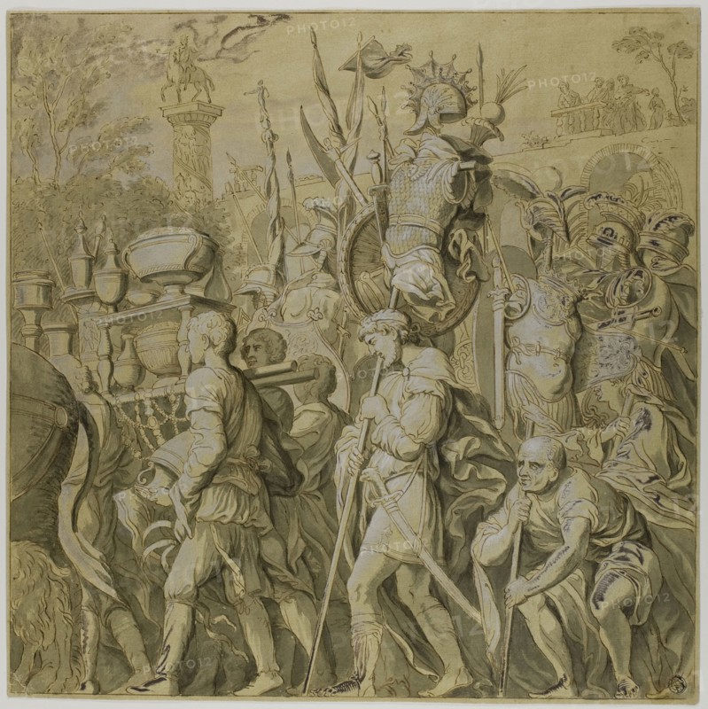 Triumphs of Julius Caesar: Canvas No. VI, 18th century, After Andrea Mantegna, Italian, 1431-1506, Italy, Pen and brown ink, with brush and gray wash, heightened with lead white (oxidized), on cream laid paper prepared with yellow wash, 370 x 370 mm