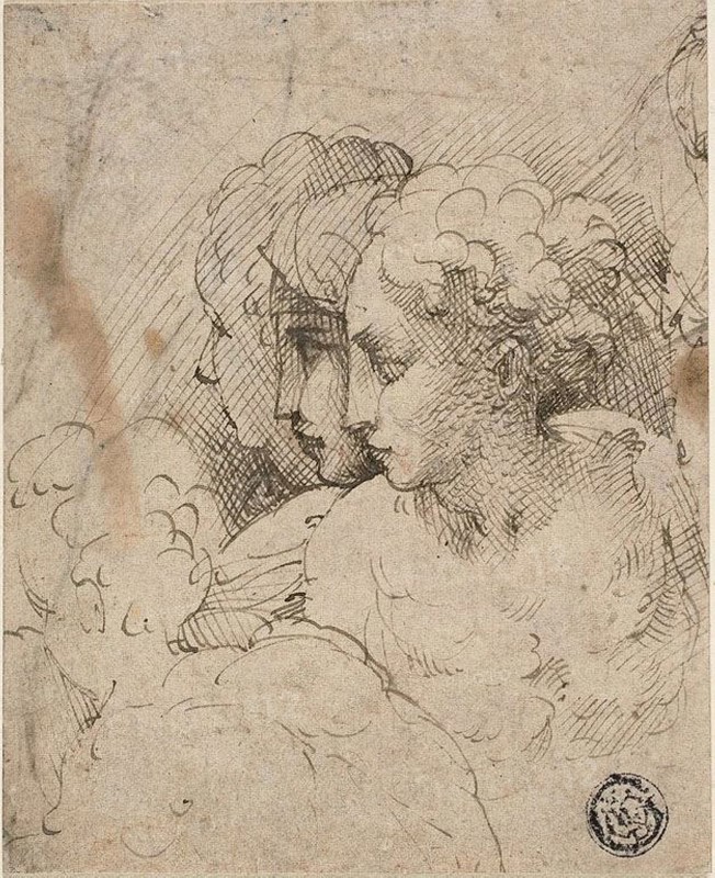 Female Heads, 1535/40, Attributed to Parmigianino, Italian, 1503-1540, Italy, Pen and brown ink with traces of black chalk, on buff laid paper, laid down on ivory laid paper, tipped onto board, 108 x 88 mm