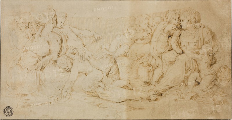 Seated Women, Children, and Old Man, 1550/59, Unknown Cremonese Artist, Italian, mid-16th century, Italy, Pen and brown ink, over traces of graphite, on tan laid paper, laid down on ivory laid paper, 117 x 226 mm
