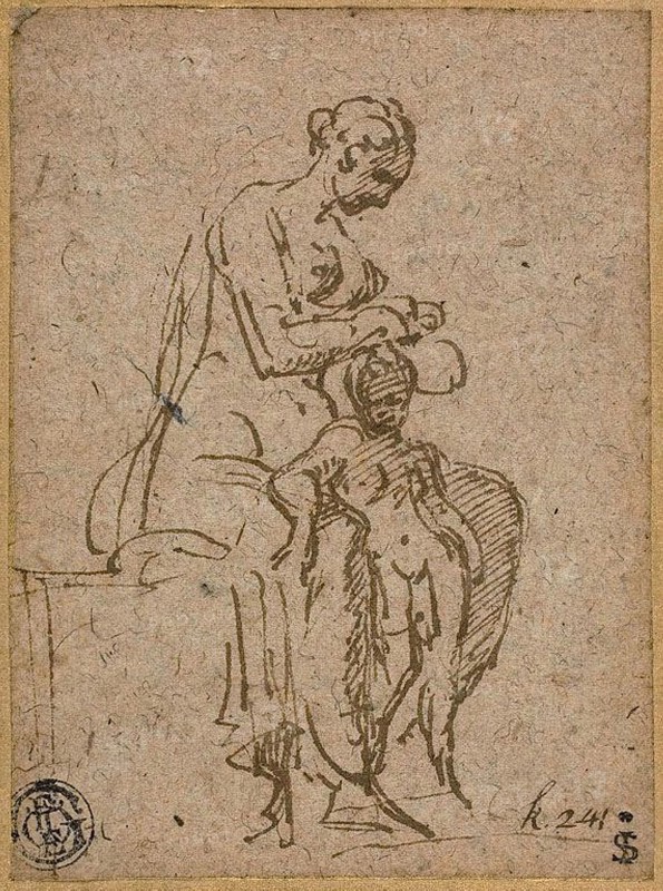 Woman Delousing a Child, 1524/27, Parmigianino, Italian, 1503-1540, Italy, Pen and brown ink on tan laid paper with blue fibers, laid down on ivory wove card, 98 x 72 mm