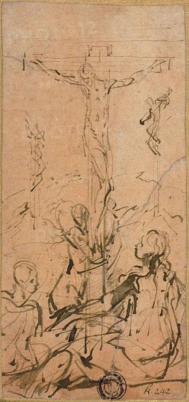Crucifixion, 1524/27, Parmigianino, Italian, 1503-1540, Italy, Pen and brown ink on cream laid paper, prepared with pale orange wash, laid down on ivory wove card, 140 x 65 mm