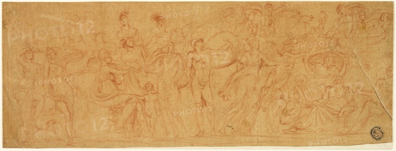 Sarcophagus with Judgement of Paris, n.d., Attributed to Pierre Brebiette, French, 1598-c. 1650, France, Red chalk on tan tinted laid paper, laid down on ivory wove paper, 105 × 282 mm