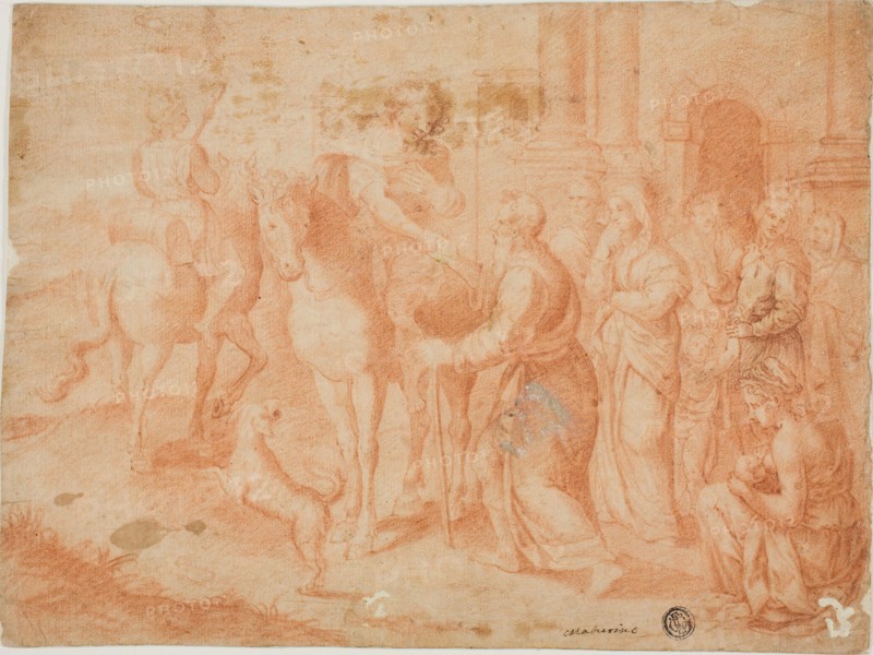 Departure of Tobias, n.d., Unknown Artist, Italian, late 16th century, Italy, Red chalk on tan laid paper, laid down on ivory laid paper, 204 x 272 mm (max.)