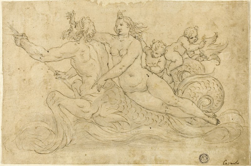 Triton, Nereid, and Putti, n.d., Giuseppe Mazzuoli, called Il Bastarolo, Italian, c. 1536-1589, Italy, Pen and black and brown ink with brush and gray wash, and touches of graphite, on tan laid paper, laid down on ivory laid paper, 163 x 246 mm