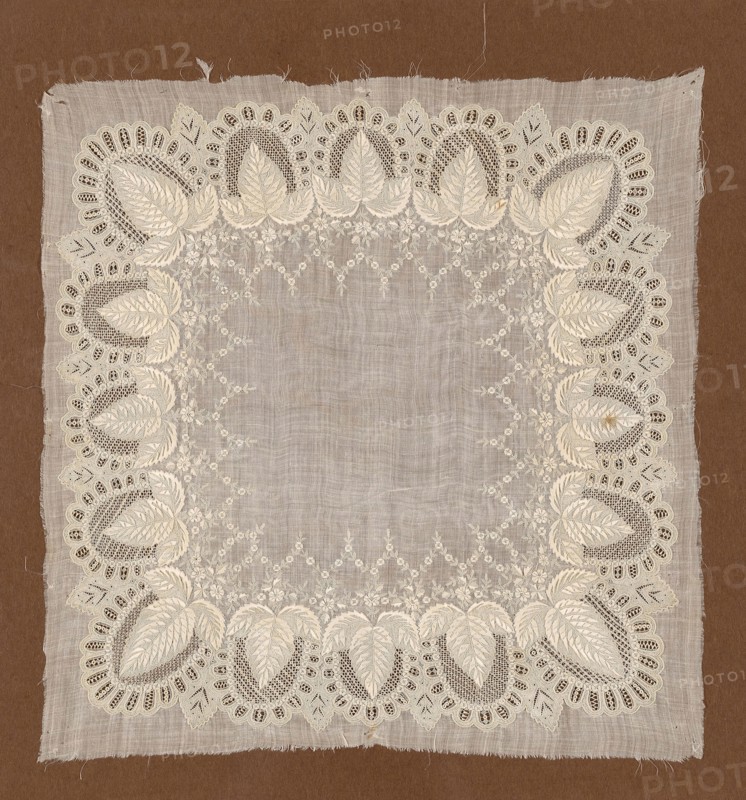 Handkerchief, 19th century, France, Linen, plain weave, embroidered with linen threads in padded satin, overcast, eyelet, buttonhole and hem stitches and back stitch known as Point de Sablé, openwork with drawn filling and overcast, 31.4 × 32.5 cm (12 3/8 × 12 3/4 in.)