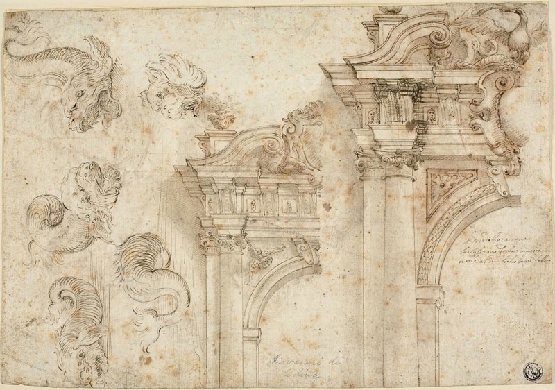 Sheet of Sketches: Sea Monsters and Elaborate Portals (recto), Sketches of Architectural Details (verso), n.d., Attributed to Agostino Mitelli, Italian, 1609–1660, Italy, Pen and brown ink, with brush and gray wash and traces of red chalk (recto), and pen and brown ink (verso), on ivory laid paper, 204 x 292 mm
