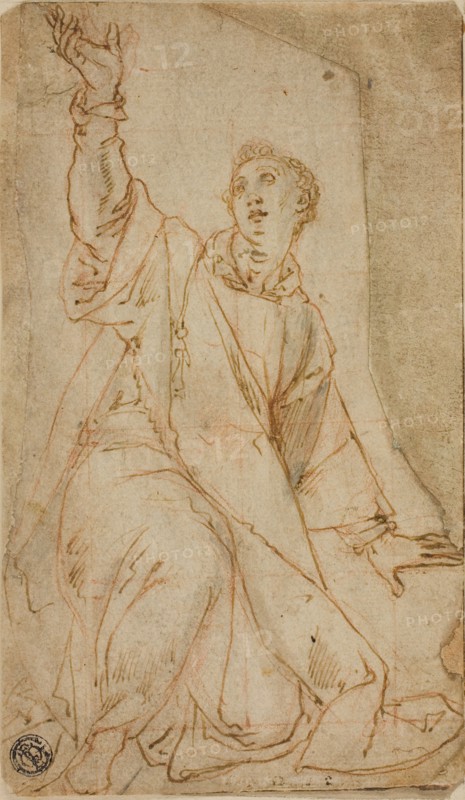 Kneeling Saint Stephen with Upraised Right Arm, n.d., Attributed to Sabatini, called Lorenzino da Bologna, Italian, c. 1530-1576, Italy, Pen and brown ink over black and red chalk, on tan laid paper, squared in red chalk, pieced and laid down on cream laid paper, tipped onto ivory wove paper, 195 x 114 mm (max.)