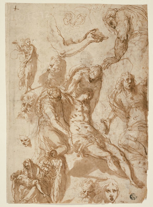 Sketches for a Lamentation and a Pietà, and of Various Figures, Heads, and an Arm (recto), Sketches of the Dead Christ, and of Various Figures and Heads (verso), 1580 (recto), 1576/80 (verso), Jacopo Negretti, called Palma il Giovane, Italian, c. 1548-1628, Italy, Pen and brown ink with brush and brown wash (recto and verso), on ivory laid paper, 275 x 195 mm