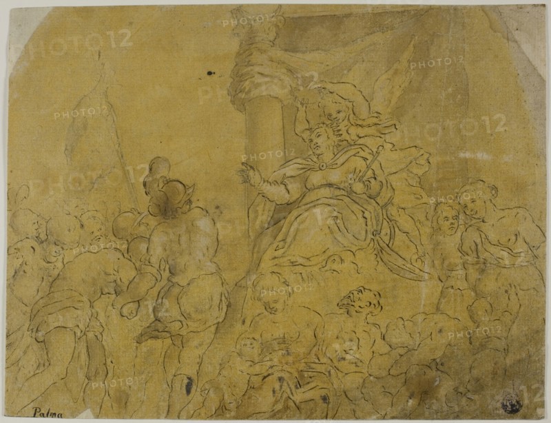 Study for Venice, Crowned by Victory, Receiving Her Subject Peoples, n.d., After Jacopo Negretti, called Palma il Giovane, Italian, c. 1548-1628, Italy, Pen and black and brown ink with brush and brown wash, heightened with lead white (partially oxidized), on laid paper prepared with orange wash, laid down on tan laid paper, 193 x 251 mm (max.)