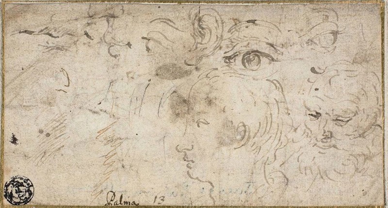 Sketches of Heads, Eyes, Ear, and Mouth, 1600/11, Jacopo Negretti, called Palma il Giovane, Italian, c. 1548-1628, Italy, Pen and brown ink, on ivory laid paper, tipped onto ivory laid paper, 69 x 129 mm