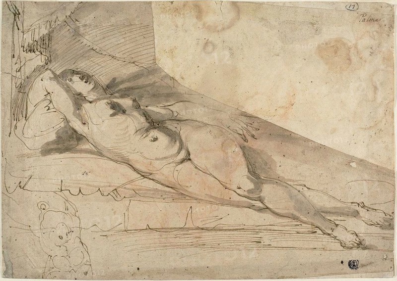 Reclining Female Nude, 1585/1600, Unknown Artist, Italian, late 16th century, Northern Italy, Pen and brown ink, with brush and brown and gray wash, over traces of graphite, with red chalk offset, on cream laid paper, pieced together, 241 x 340 mm