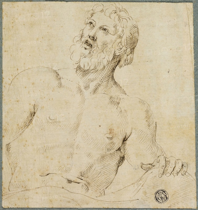 Half-length Sketch of Bearded Man (Jupiter?), 1540/60, After Battista Franco, called Il Semolei, Italian, c. 1510-1561, Italy, Pen and brown ink on cream laid paper, tipped onto blue laid paper, 149 x 141 mm (max.)
