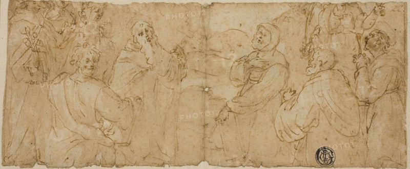 Franciscan Saints in Adoration, n.d., Unknown Artist, Italian, late 16th century, Italy, Pen and brown ink with brush and pale brown wash, over traces of black chalk, on tan laid paper, laid down on cream wove card, 87 x 209 mm (max.)