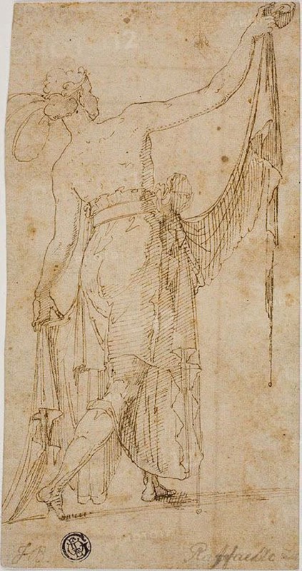 Draped Standing Figure with Outstretched Arms, 1540/50, Unknown Artist, Italian, mid-16th century, Italy, Pen and brown ink on cream laid paper, laid down on buff laid paper, 190 x 101 mm (max.)
