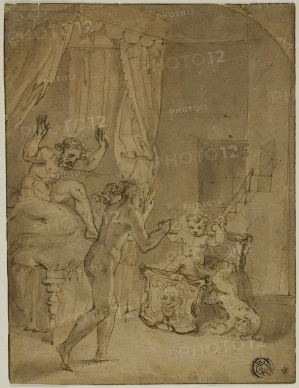 The Infant Hercules Strangling Serpents in His Cradle (recto), Crowned Woman Kneeling in Landscape, and Other Sketches (verso), n.d., Attributed to Prospero Fontana, Italian, 1512-1597, Italy, Pen and brown ink with brush and brown wash (recto), and pen and brown ink (verso), on tan laid paper, 168 x 128 mm
